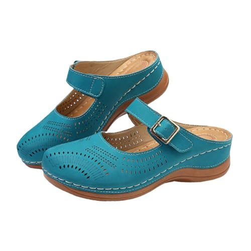 CLISPEED Vintage Wedgesandalen Damen Bequeme Absatzpantoletten Casual Slipper Fußbekleidung Blau Mittelhoher Blockabsatz Alltagsschuh Robust und Modisch von CLISPEED