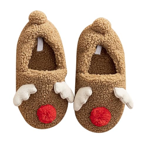 CLISPEED Weiche Indoor Hausschuhe Damen Winter Warm Pantoffeln mit Fersenabdeckung Rutschfest und Plüschfutter Weihnachtsmotiv Braun Bequeme Schlappen für Zuhause von CLISPEED