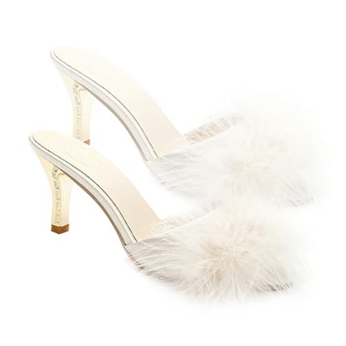 CLISPEED Weiße Damen High Heel Slippers Flauschige Bequeme Sommerschuhe mit Gepolsterter Sohle Atmungsaktiv Modisch Spitz Zulaufend Geeignet für Indoor und Outdoor von CLISPEED