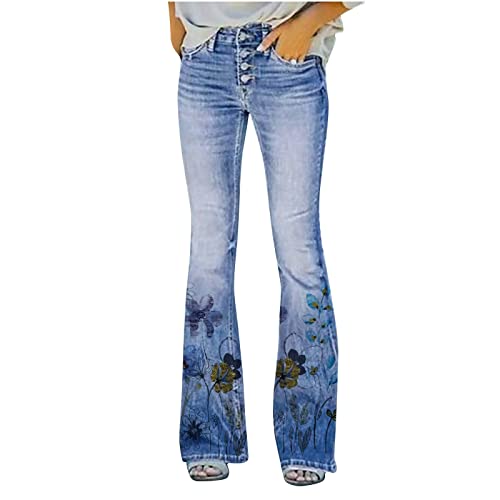 CLKPEN Jeanshosen Damen Sommer Retro Blumen Print Stretch Skinny Schlaghose Flared Hose Casual Hohe Taille Jeans Casual Lose Damenhose Freizeithose Hose Weites Bein Retro Stil Denim Pants(H Q,3XL) von CLKPEN