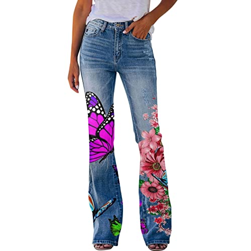 CLKPEN Schlagjeans Jeanshosen Damen High Waist Stretch Denim Jeanshosen Sommer Retro Blumen Print Skinny Schlaghose Flared Hose Jeans Casual Lose Hose Weites Bein Retro Stil Denim Pants(M Lila,L) von CLKPEN