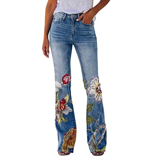 CLKPEN Schlagjeans Jeanshosen Damen High Waist Stretch Denim Jeanshosen Sommer Retro Blumen Print Skinny Schlaghose Flared Hose Jeans Casual Lose Hose Weites Bein Retro Stil Denim Pants(O Beige,XL) von CLKPEN