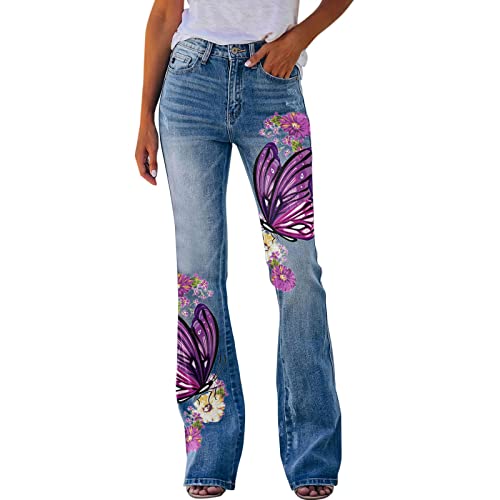 CLKPEN Schlagjeans Jeanshosen Damen High Waist Stretch Denim Jeanshosen Sommer Retro Blumen Print Skinny Schlaghose Flared Hose Jeans Casual Lose Hose Weites Bein Retro Stil Denim Pants(O Lila,L) von CLKPEN