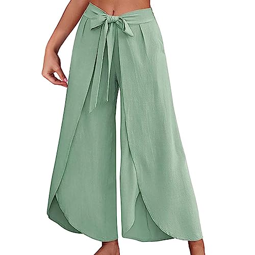 CLKPEN Sommerhose Damen Sommer Bohemian Luftig Hosenrock Palazzo Haremshosen Weite Leicht Culottes Hosen Stoffhose 7/8 Plissee Mit Schlitz Jogginghose Aladinhose Wickelhose(B Grün,M) von CLKPEN