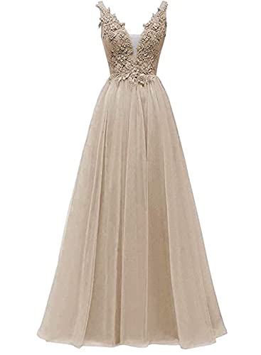CLLA dress Damen Abendkleider V-Ausschnitt Ballkleid Elegant für Hochzeit Appliques Brautkleid Lang Brautjungfernkleider (Champagne,40) von CLLA dress