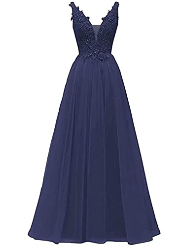 CLLA dress Damen Abendkleider V-Ausschnitt Ballkleid Elegant für Hochzeit Appliques Brautkleid Lang Brautjungfernkleider (Navy Blau,50) von CLLA dress