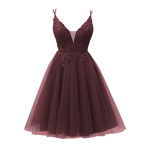 CLLA dress Damen Perlen Tüll Ballkleider Kurz Spaghettiträger V-Ausschnitt Abendkleider Abschlusskleid(Burgund,38) von CLLA dress