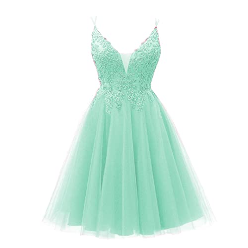 CLLA dress Damen Perlen Tüll Ballkleider Kurz Spaghettiträger V-Ausschnitt Abendkleider Abschlusskleid(Minze,36) von CLLA dress