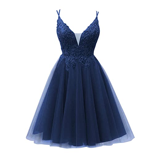 CLLA dress Damen Perlen Tüll Ballkleider Kurz Spaghettiträger V-Ausschnitt Abendkleider Abschlusskleid(Navy Blau,36) von CLLA dress