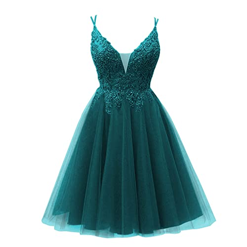 CLLA dress Damen Perlen Tüll Ballkleider Kurz Spaghettiträger V-Ausschnitt Abendkleider Abschlusskleid(Teal,32) von CLLA dress
