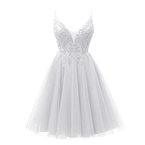 CLLA dress Damen Perlen Tüll Ballkleider Kurz Spaghettiträger V-Ausschnitt Abendkleider Abschlusskleid(Weiß,36) von CLLA dress