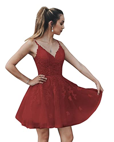 CLLA dress Damen Spitze Abendkleider Ballkleider Kurz V-Ausschnitt Abschlusskleid Cocktailkleider(Weinrrot,34) von CLLA dress