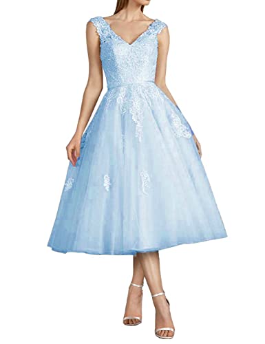 CLLA dress Damen Tüll Brautkleider Spitzen Applikationen Ballkleid Teelänge für die Braut V-Ausschnitt Abendkleider(Blau,44) von CLLA dress