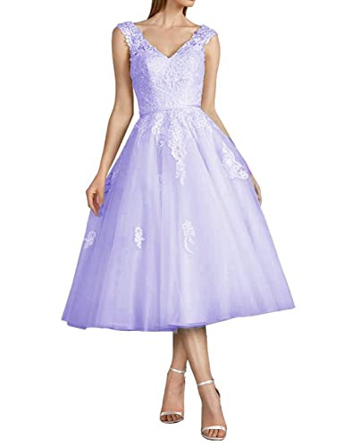 CLLA dress Damen Tüll Brautkleider Spitzen Applikationen Ballkleid Teelänge für die Braut V-Ausschnitt Abendkleider(Lavendel,44) von CLLA dress