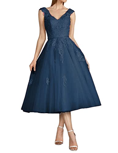 CLLA dress Damen Tüll Brautkleider Spitzen Applikationen Ballkleid Teelänge für die Braut V-Ausschnitt Abendkleider(Navy Blau,44) von CLLA dress