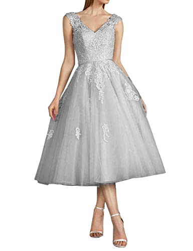 CLLA dress Damen Tüll Brautkleider Spitzen Applikationen Ballkleid Teelänge für die Braut V-Ausschnitt Abendkleider(Silber,46) von CLLA dress