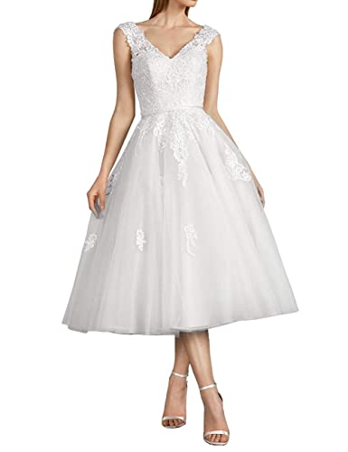 CLLA dress Damen Tüll Brautkleider Spitzen Applikationen Ballkleid Teelänge für die Braut V-Ausschnitt Abendkleider(Weiß,48) von CLLA dress