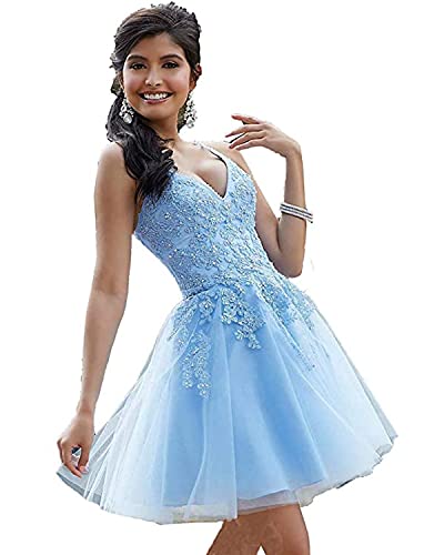 CLLA dress Damen V-Ausschnitt Abendkleider Knielänge Ballkleider Spitze Appliques Cocktailkleider Abschlusskleid Partykleid(Hellblau,42) von CLLA dress