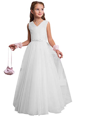 CLLA dress Mädchen V-Ausschnitt Blumenmädchenkleid A-Linie Tüll Lang Hochzeit Fest Mädchen Kleid mit Strass Bunch Kinderkleid Partykleid Kommunionkleid(Weiß,11-12 Jahre) von CLLA dress