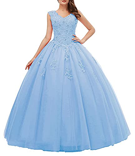 CLLA dress V-Ausschnitt Quinceanera Kleider Stickerei Perlen Sexy Formales Abendkleid Ballkleid Elegant (Hellblau,34) von CLLA dress