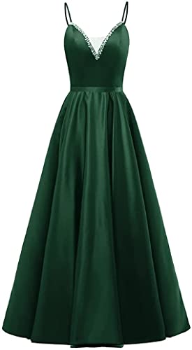 Damen V-Ausschnitt Abendkleider Satin Strass Ballkleid Elegant Spaghetti-Träger Brautjungfernkleider(Grün,46) von CLLA dress