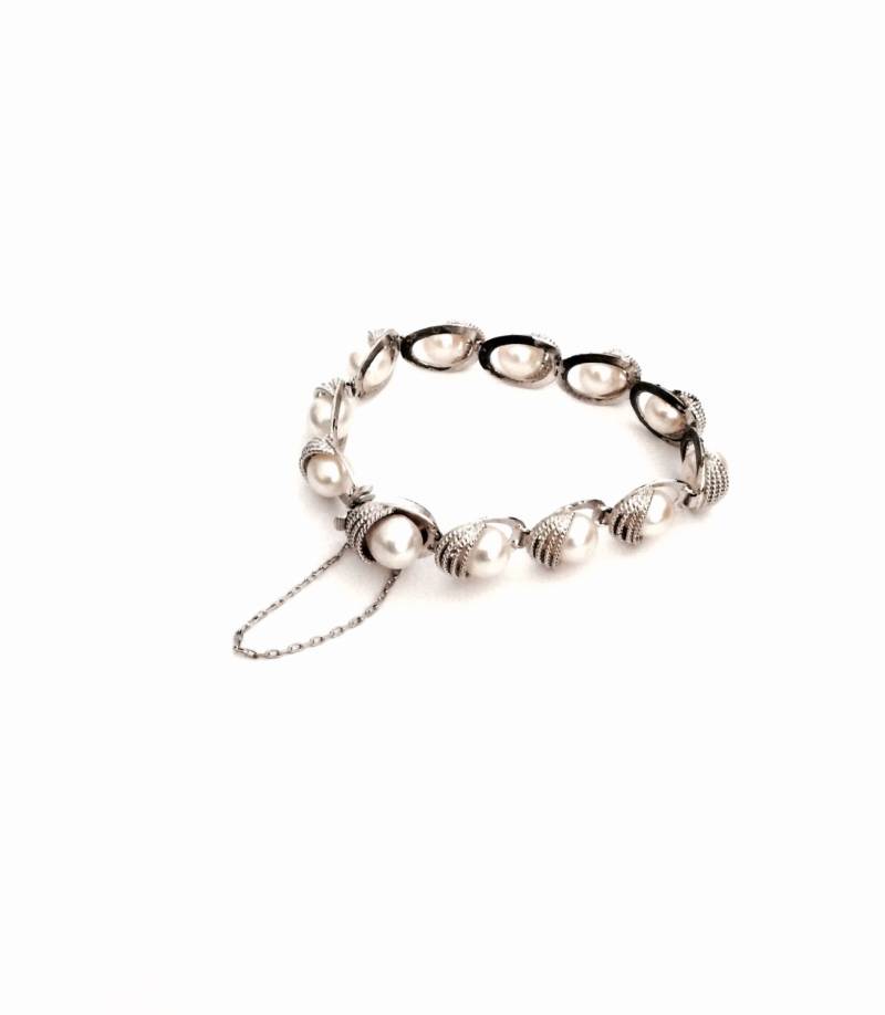 A 7" Jugendstil 1920-30Er Jahre Sterling Silber & Natur Perlen Set Armband, Box Verschluss Mit Haken, 24, 96 Gramm #2915 von CLLEWISLLC