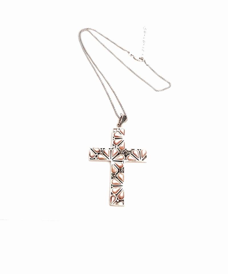 Designer Thai D.p. Sterling Silber, Marcasite & Pink Jaspis Geprägt Kreuz/Krucafix An Einer 18" Silber Box Kette Halskette, 16, 64 Gramm #2962 von CLLEWISLLC