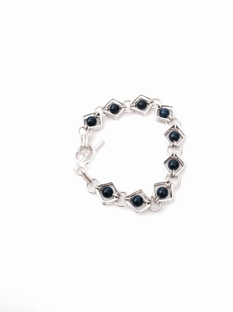 Ein Einzigartiges Modernist 8" Sterling Silber & Perlen Lapiz Lazuli Armband, Knebelverschluss, 27, 19 Gramm, #2884 von CLLEWISLLC