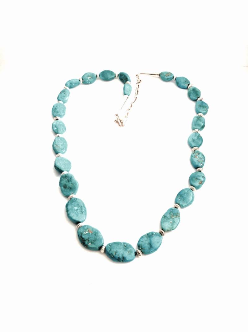 Robert Becinti 26" Southwestern Najavo Designer Signierte Türkis/sterling Silber Halskette, C. 1950, 60, 25 Gramm, #2895 von CLLEWISLLC