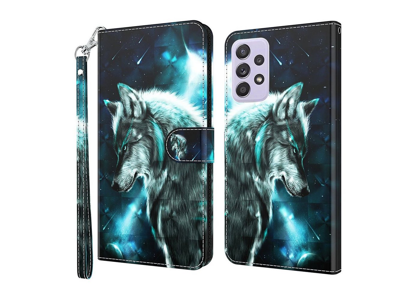 CLM-Tech Handytasche Hülle für Samsung Galaxy A23 5G Tasche aus Kunstleder Klapphülle (Wolf blau schwarz, Samsung Galaxy A23 5G Handyhülle Wallet Flip Case Cover Etui), Standfunktion, Kartenfächer, Magnetverschluss von CLM-Tech