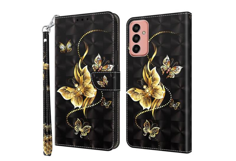 CLM-Tech Handytasche Hülle für Samsung Galaxy A23 5G Tasche aus Kunstleder Klapphülle (goldene Schmetterlinge schwarz, Samsung Galaxy A23 5G Handyhülle Wallet Flip Case Cover Etui), Standfunktion, Kartenfächer, Magnetverschluss von CLM-Tech