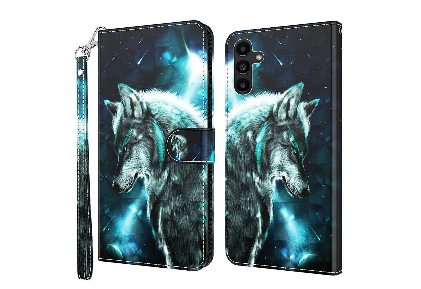 CLM-Tech Handytasche Hülle für Samsung Galaxy A54 5G Tasche aus Kunstleder Klapphülle (Wolf blau schwarz, Handyhülle Wallet Flip Case Cover Etui), Standfunktion, Kartenfächer, Magnetverschluss von CLM-Tech