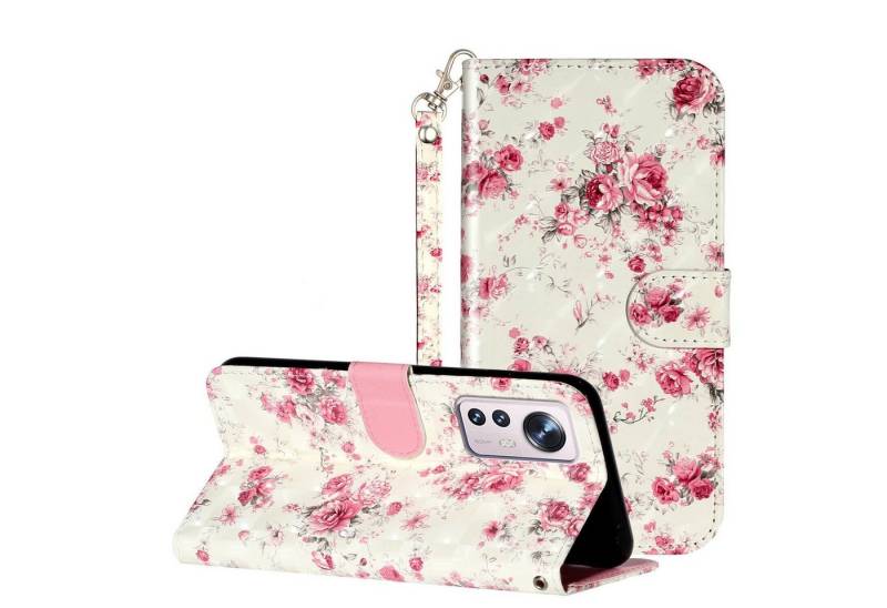 CLM-Tech Handytasche Hülle für Xiaomi 12 Pro 5G Tasche aus Kunstleder Klapphülle (Rosen Muster, Handyhülle Wallet Flip Case Cover Etui), Standfunktion, Kartenfächer, Magnetverschluss von CLM-Tech