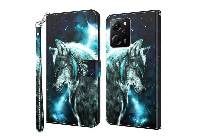 CLM-Tech Handytasche Hülle für Xiaomi Redmi Note 12 Pro 5G Tasche aus Kunstleder Klapphülle (Wolf blau schwarz, Handyhülle Wallet Flip Case Cover Etui), Standfunktion, Kartenfächer, Magnetverschluss von CLM-Tech