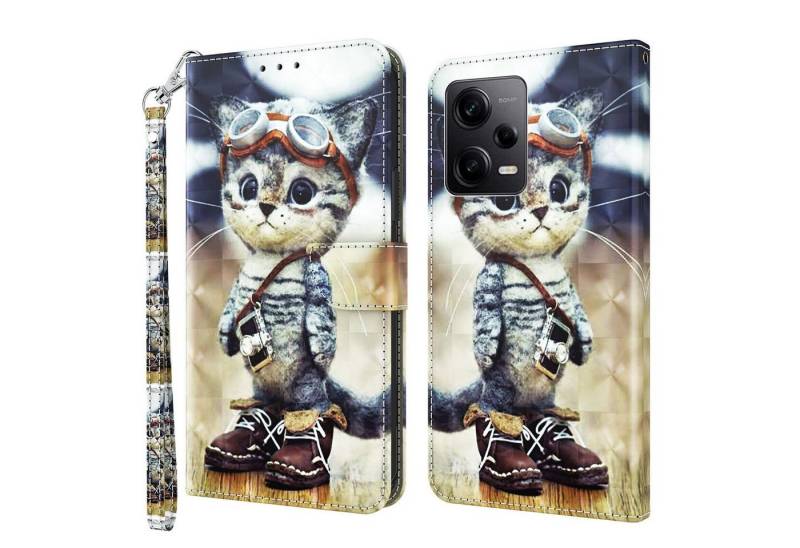 CLM-Tech Handytasche Hülle für Xiaomi Redmi Note 12 Pro 5G Tasche aus Kunstleder Klapphülle (coole Katze, Handyhülle Wallet Flip Case Cover Etui), Standfunktion, Kartenfächer, Magnetverschluss von CLM-Tech