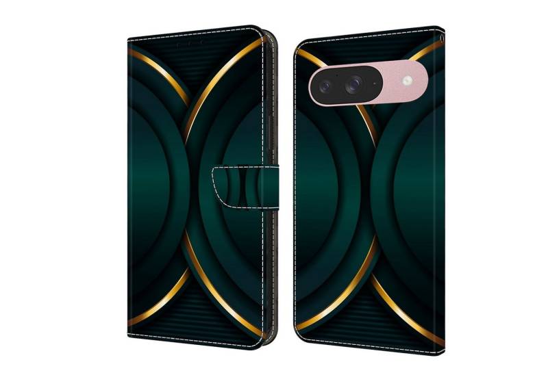 CLM-Tech Handytasche für Google Pixel 9 / 9 Pro Hülle aus Kunstleder Klapphülle (goldener Rand Kontur, Handyhülle mit Standfunktion - Wallet Flip Case inklusive Kartenfächer), - Cover mit Magnetverschluss - Google Pixel 9 / 9 Pro Schutzhülle von CLM-Tech