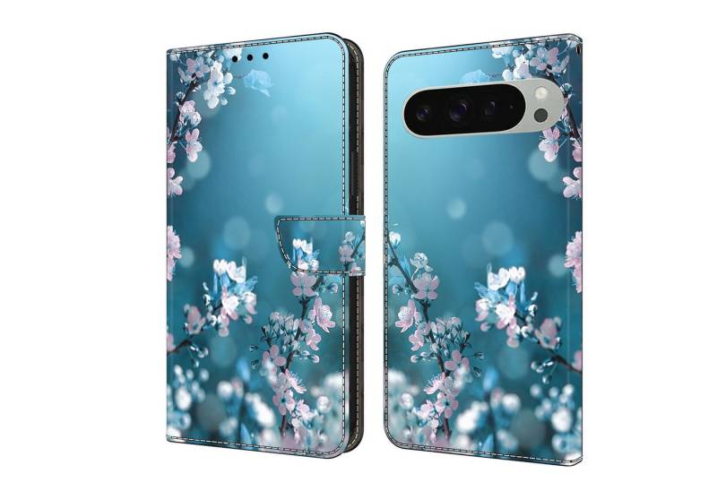 CLM-Tech Handytasche für Google Pixel 9 Pro XL Hülle aus Kunstleder Klapphülle (Pflaumenblüte blau, Handyhülle mit Standfunktion - Wallet Flip Case inklusive Kartenfächer), - Cover mit Magnetverschluss - Google Pixel 9 Pro XL Schutzhülle von CLM-Tech