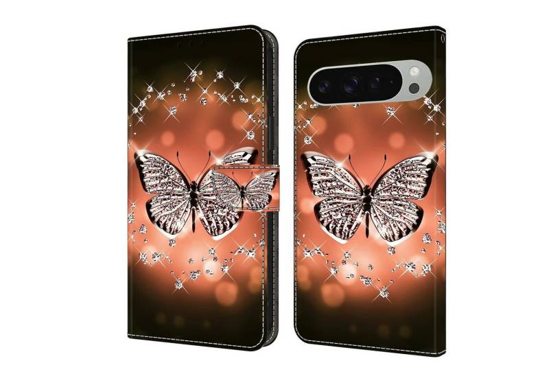CLM-Tech Handytasche für Google Pixel 9 Pro XL Hülle aus Kunstleder Klapphülle (Schmetterling Diamanten Muster, Handyhülle mit Standfunktion - Wallet Flip Case inklusive Kartenfächer), - Cover mit Magnetverschluss - Google Pixel 9 Pro XL Schutzhülle von CLM-Tech