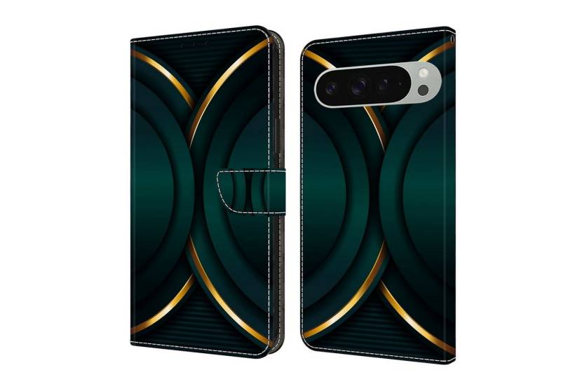 CLM-Tech Handytasche für Google Pixel 9 Pro XL Hülle aus Kunstleder Klapphülle (goldener Rand Kontur, Handyhülle mit Standfunktion - Wallet Flip Case inklusive Kartenfächer), - Cover mit Magnetverschluss - Google Pixel 9 Pro XL Schutzhülle von CLM-Tech
