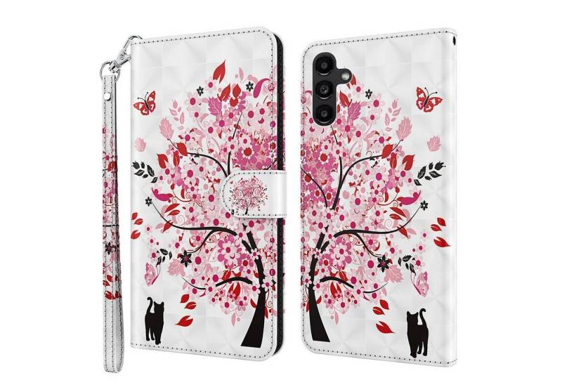CLM-Tech Handytasche für Samsung Galaxy A15 5G Hülle Tasche aus Kunstleder Klapphülle (Baum rosa weiß, Handyhülle Wallet Flip Case Cover Etui), Schutzhülle mit Standfunktion, Kartenfächer, und Magnetverschluss von CLM-Tech