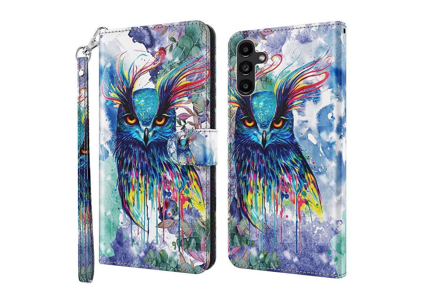 CLM-Tech Handytasche für Samsung Galaxy A15 5G Hülle Tasche aus Kunstleder Klapphülle (Eule bunt, Handyhülle Wallet Flip Case Cover Etui), Schutzhülle mit Standfunktion, Kartenfächer, und Magnetverschluss von CLM-Tech