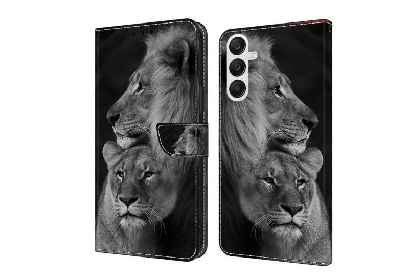 CLM-Tech Handytasche für Samsung Galaxy A15 5G Hülle Tasche aus Kunstleder Klapphülle (Löwe schwarz grau, Handyhülle Wallet Flip Case Cover Etui), Schutzhülle mit Standfunktion, Kartenfächer, und Magnetverschluss von CLM-Tech