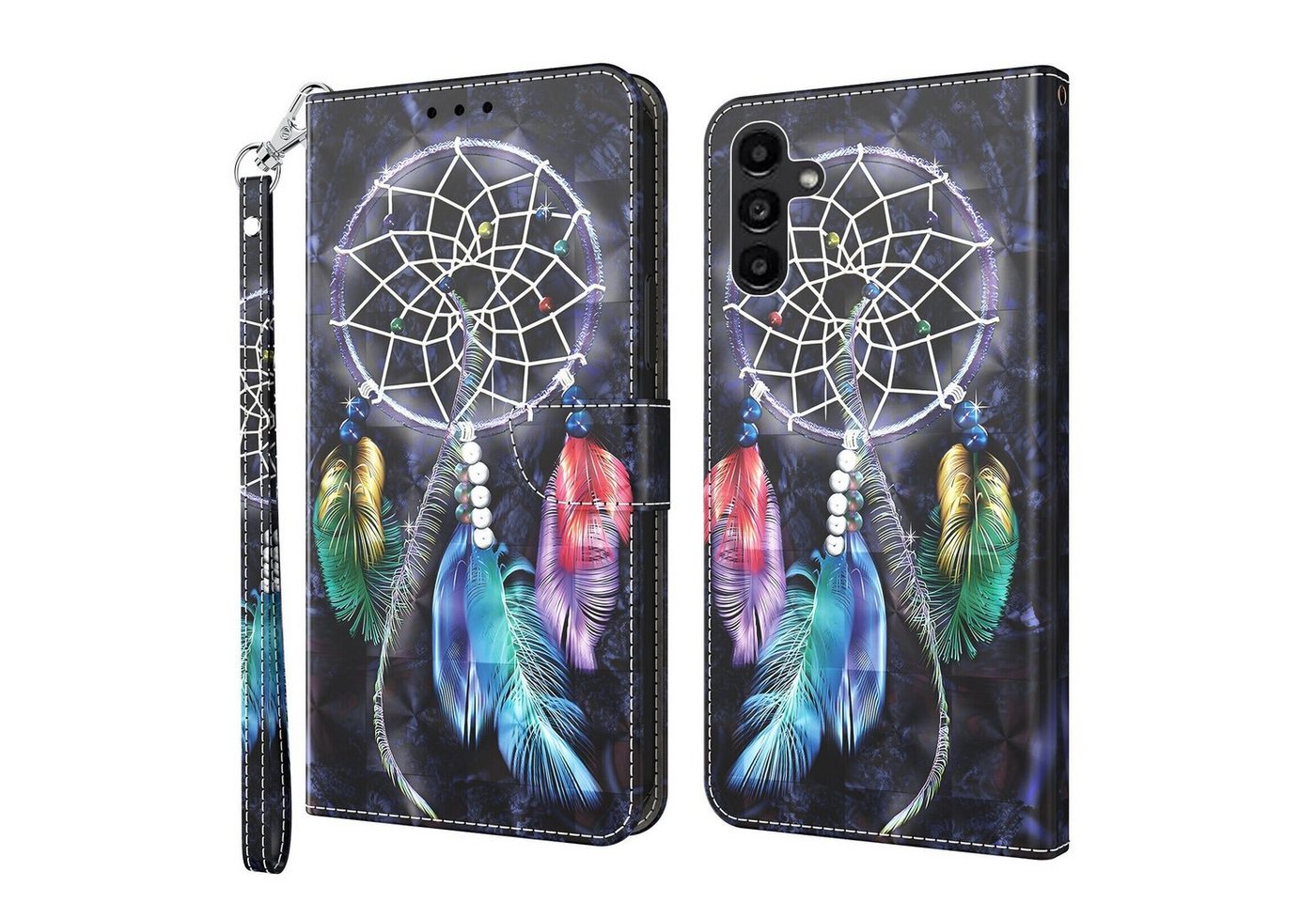 CLM-Tech Handytasche für Samsung Galaxy A15 5G Hülle Tasche aus Kunstleder Klapphülle (Traumfänger schwarz bunt, Handyhülle Wallet Flip Case Cover Etui), Schutzhülle mit Standfunktion, Kartenfächer, und Magnetverschluss von CLM-Tech