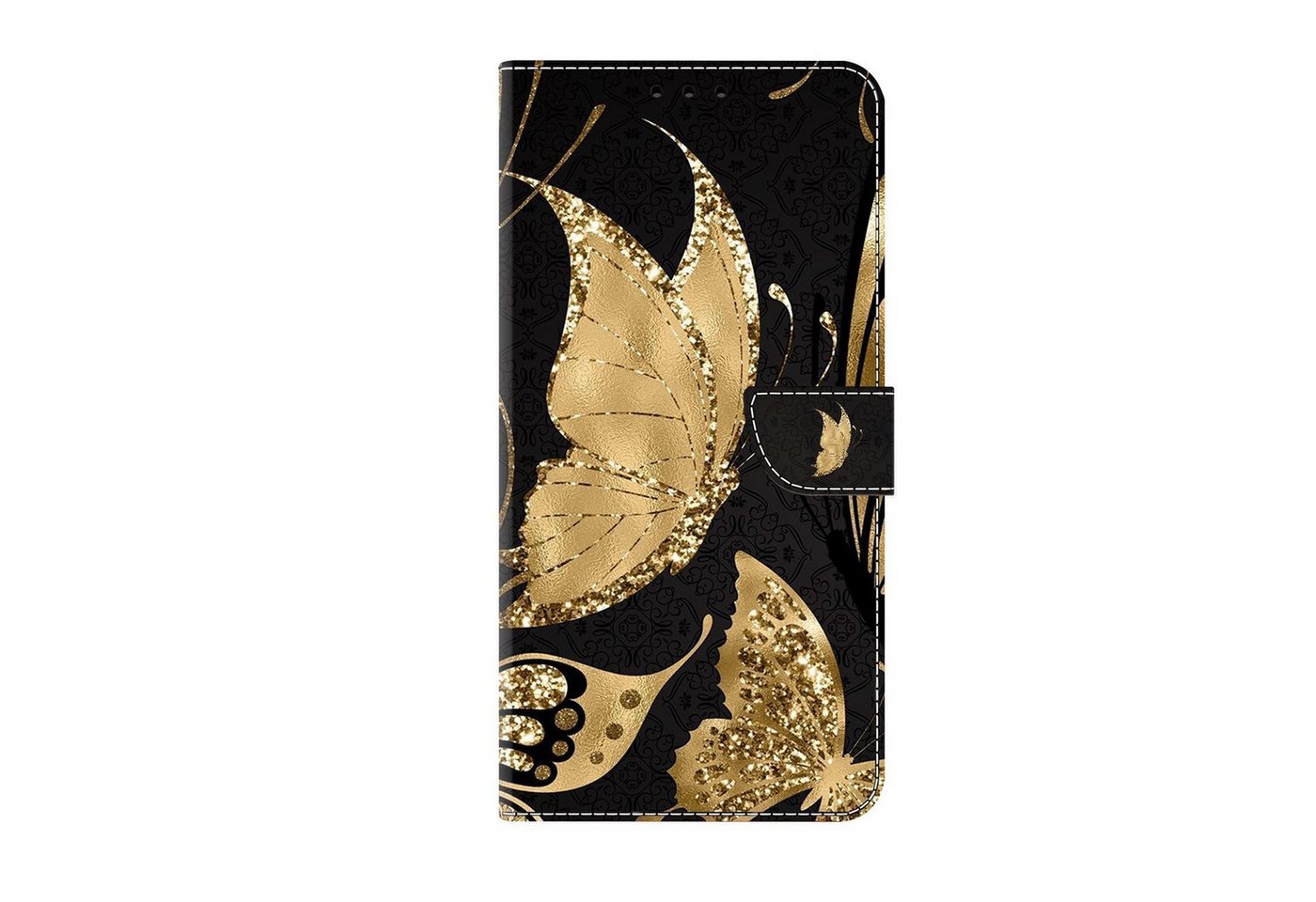 CLM-Tech Handytasche für Samsung Galaxy A15 5G Hülle Tasche aus Kunstleder Klapphülle (goldene Schmetterlinge, Handyhülle Wallet Flip Case Cover Etui), Schutzhülle mit Standfunktion, Kartenfächer, und Magnetverschluss von CLM-Tech
