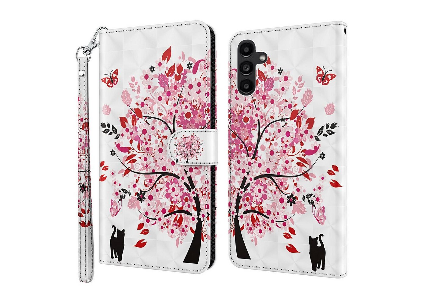 CLM-Tech Handytasche für Samsung Galaxy A16 / A17 5G Hülle aus Kunstleder Klapphülle (Baum rosa weiß, Handyhülle mit Standfunktion - Wallet Flip Case inklusive Kartenfächer), Cover mit Magnetverschluss von CLM-Tech