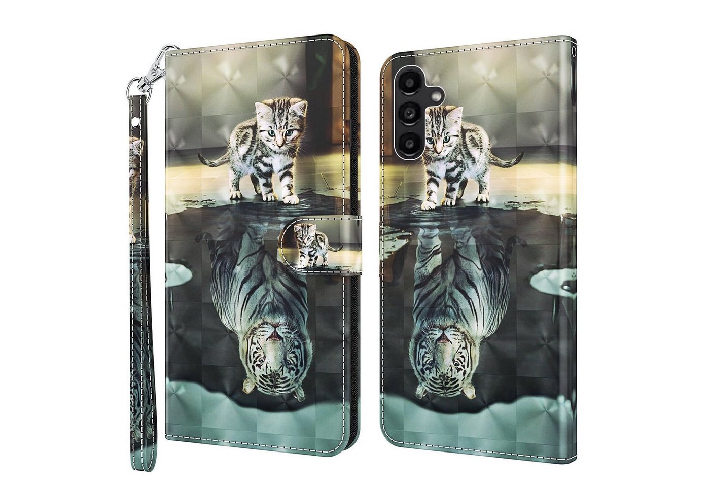 CLM-Tech Handytasche für Samsung Galaxy A16 / A17 5G Hülle aus Kunstleder Klapphülle (Katze Tiger, Handyhülle mit Standfunktion - Wallet Flip Case inklusive Kartenfächer), Cover mit Magnetverschluss von CLM-Tech