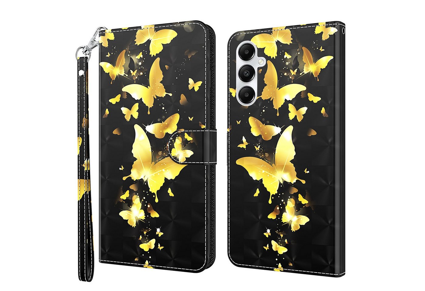 CLM-Tech Handytasche für Samsung Galaxy A16 / A17 5G Hülle aus Kunstleder Klapphülle (Schmetterlinge gold schwarz, Handyhülle mit Standfunktion - Wallet Flip Case inklusive Kartenfächer), Cover mit Magnetverschluss von CLM-Tech