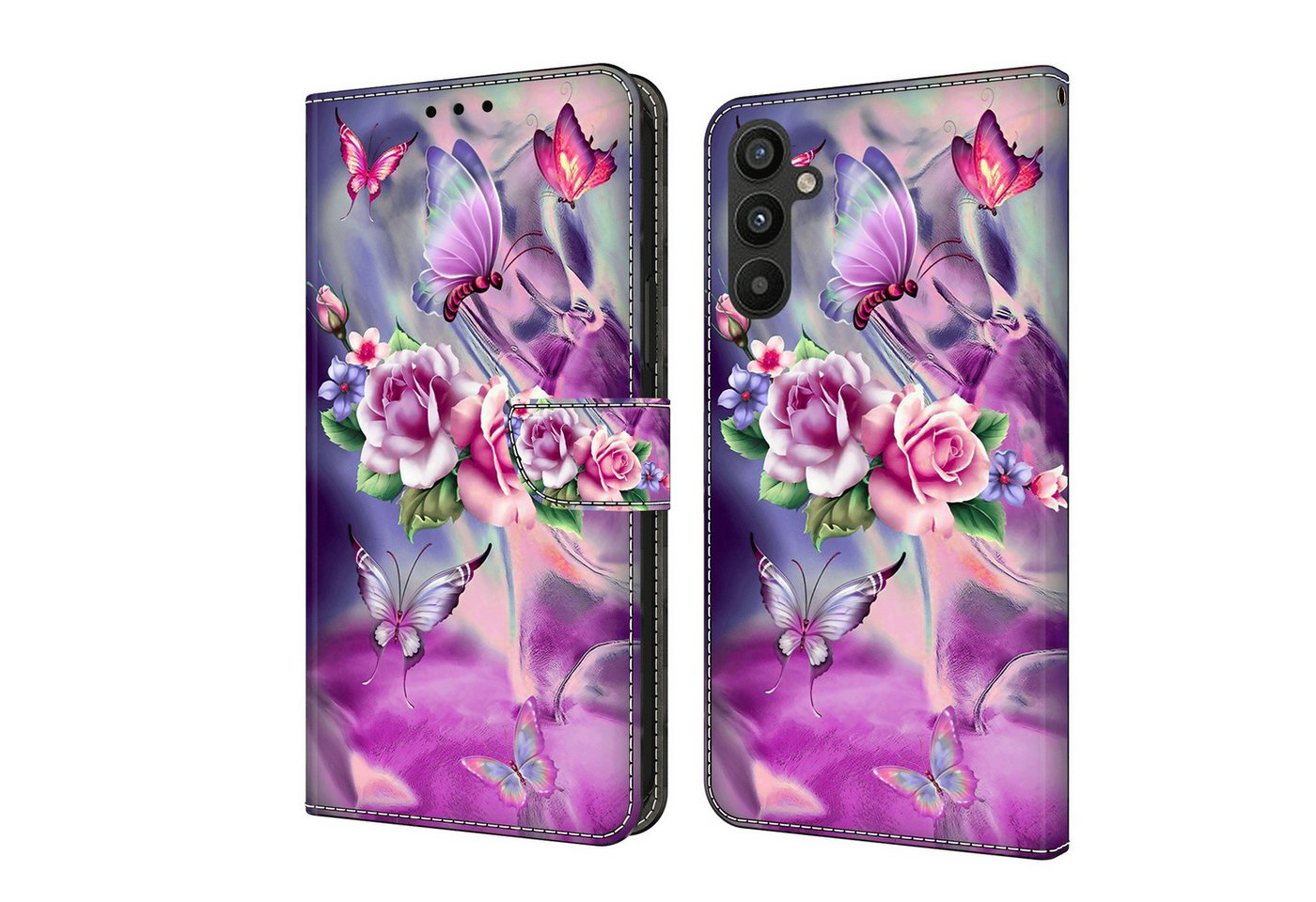 CLM-Tech Handytasche für Samsung Galaxy A16 / A17 5G Hülle aus Kunstleder Klapphülle (lila Blumen Schmetterlinge, Handyhülle mit Standfunktion - Wallet Flip Case inklusive Kartenfächer), Cover mit Magnetverschluss - Samsung Galaxy A16 5G Schutzhülle von CLM-Tech