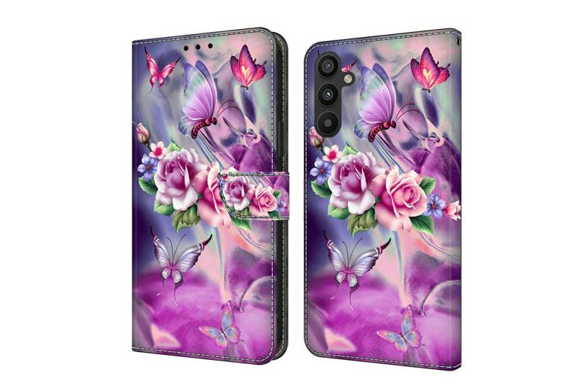 CLM-Tech Handytasche für Samsung Galaxy A16 / A17 5G Hülle aus Kunstleder Klapphülle (lila Blumen Schmetterlinge, Handyhülle mit Standfunktion - Wallet Flip Case inklusive Kartenfächer), Cover mit Magnetverschluss - Samsung Galaxy A16 5G Schutzhülle von CLM-Tech