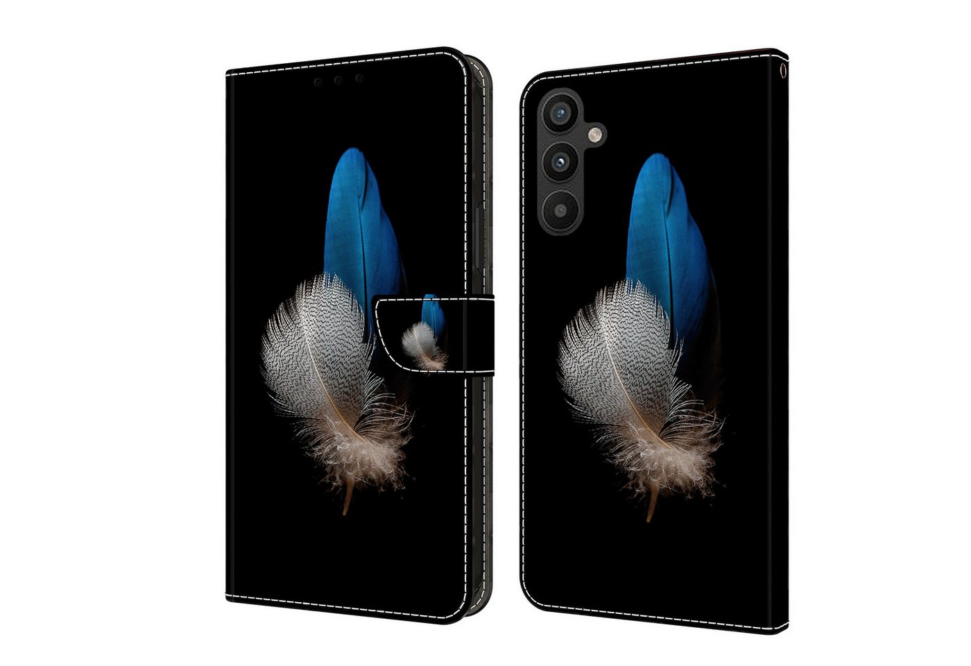 CLM-Tech Handytasche für Samsung Galaxy A16 / A17 5G Hülle aus Kunstleder Klapphülle (zwei Federn blau und weiß, Handyhülle mit Standfunktion - Wallet Flip Case inklusive Kartenfächer), Cover mit Magnetverschluss von CLM-Tech